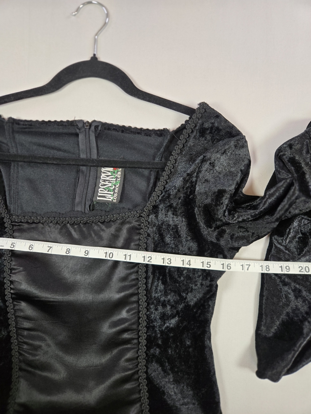 VTG Lip Service Black Velvet Satin Corset Bell Sleeve Gothic Top Size Large - Picture 9 of 12